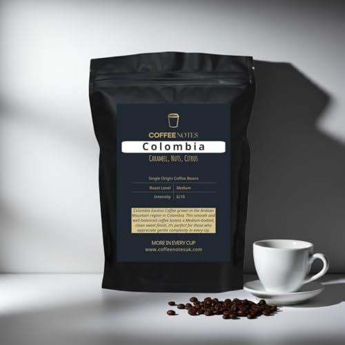 Coffee Notes Colombia Excelso Single Origin Coffee Beans, Medium Roast, 6/10 Intensity, Caramel, Nuts &Citrus, for espresso, filter & lattes. (250g, Ground for Filter)