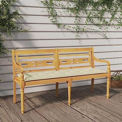 QUAHEAS Batavia Massivholz Teakholz Gartenbank 150 cm, inklusive wasserfestem Creme Kissen, langlebige witterungsbeständige Outdoor Möbel für Terrasse und Außenbereich.