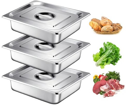 Panerskålset i 3 delar, panieringväg rektangulär, gastronormbehållare rostfritt stål med lock, Gn-behållare med lock 32,5 × 26,5 × 6,5 cm för kotletter, kakor, kött, fisk