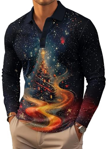 Men's Polo Shirt Regular Fit Casual Golf Long Sleeve Collared T-Shirts Funny Casual Christmas Shirt Xmas Gifts