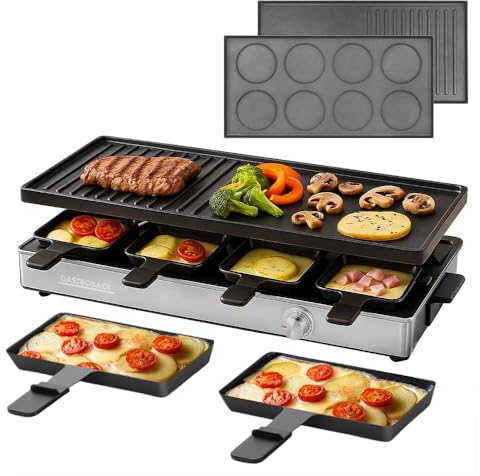Raclette Grill & Pancake Station para 8 personas. Parrilla de mesa 2 en 1 con placa reversible, 12 sartenes (4 XXL), control de temperatura continuo, 1700 W, carcasa de acero inoxidable, juego de 21