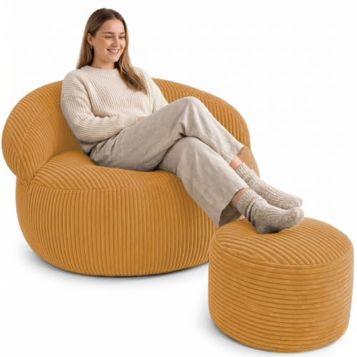 bananair – Pouf Poltrona Soggiorno e Camera in Velluto a Coste - Pouf Gigante XXL Morbido ed Elegante - Rivestimento lavabile in lavatrice - Ideale per Adulti, Adolescenti (110×100 cm, Giallo Senape)