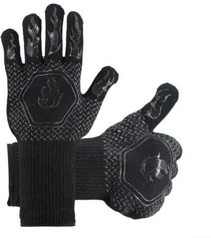 Gants résistants à la chaleur pour cuisiner, griller et souder avec poignée en silicone et doublure en coton doux pour protéger les mains des températures élevées (noir)