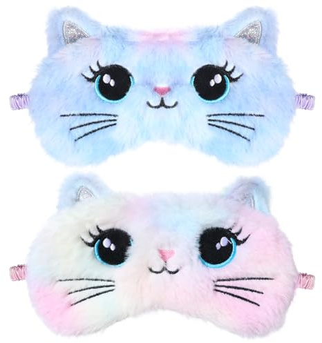 Nogeqi 2 stycken sovmask barn, 3D-plysch sovmask rolig ögonmask mjuka sovmasker kvinnor fluffiga, flerfärgade för tupplurar flickor pojkar resor (katt, regnbågsfärger)