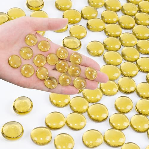 Foncomy Yellow Flat Glass Marbles, 0.97 lb Vase Filler Pebbles Gems, Decorative Glass Beads for Vases, Crafts, Floral, Mancala Stones, Centerpieces, Aquarium Rocks for Fish Tank(Approx. 80-100 PCS)