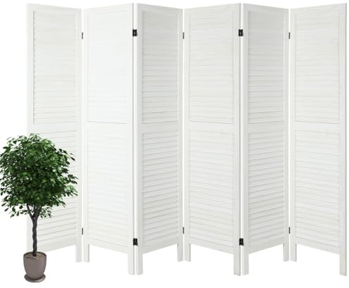 6 Panel Room Dividers and Folding Privacy Screens, Divider for Room Separation, Wood Louvered Divider Wall, Wooden Partition for Home Office Bedroom (White-Washed)