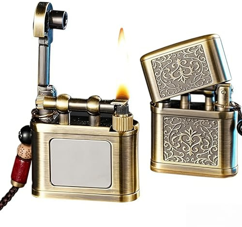 Vintage Trench Lighter Windproof Metal Kerosene Brass Lighter Antique Soft Flame with Lanyard for Collection Decorative Gift (Bronze)