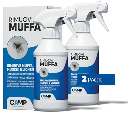 CAMP Rimuovi Muffa - Antimuffa per Muri Interni ed Esterni ad Azione Rapida, Spray Antimuffa Igienizzante Pronto all'Uso, Ideale per Rimuovere Muffe, Muschi e Funghi - Prodotti Pulizia Casa, 2x300ml