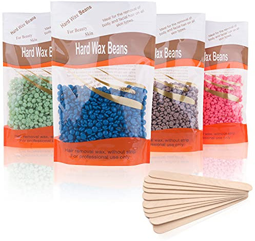 Harte Wachsbohnen Waxing Perlen, Wachs Haarentfernung 400g Wachsperlen & 10 Stück Applikator Sticks, Waxing Kit für Bikinizone Augenbrauen Brasilianisch, Schmerzlos zu Hause für Damen Herren (4x100g)