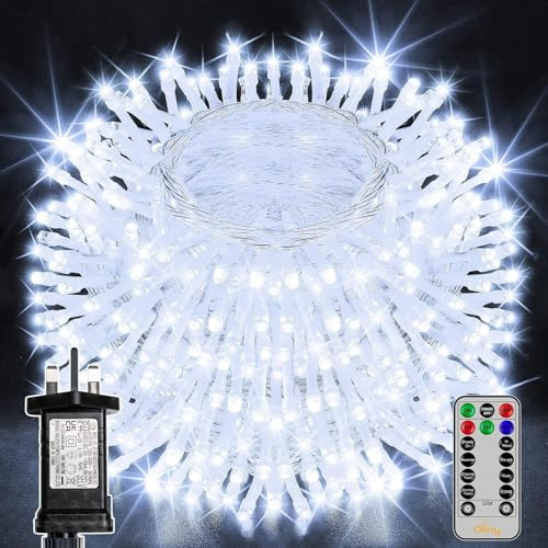 Ollny Christmas Tree Lights, 30m 300 LED Fairy Light Mains Powered, Waterproof Outdoor String Light with Remote/Plug/Modes/Timer, Bright Cool White Lighting Outside Indoor Garden Xmas Decorations
