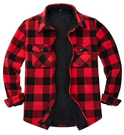 Veste chaude pour homme en flanelle entièrement doublée en polaire Sherpa, Plaid Buffalo rouge, Large