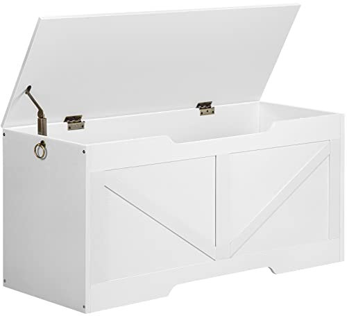 HOOBRO Truhen, Sitzbank mit Stauraum, Spielzeugkiste mit Deckel, Truhenbank, aufbewahrungsbox, 2 Ringen, 100cm, Robust, Stabil, für Kinder, Flur, Wohnzimmer, Weiß EWT771CW01