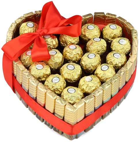 Torte aus Merci schokolade und Ferrero Rocher in Herzform - herzförmiges Geschenk für ein Frau - süßigkeiten box mit schokolade - Geschenkkorb zum Valentinstag für Verliebte