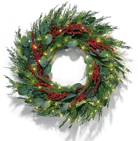 LampLust Christmas Wreaths for Front Door, 24 Inch Eucalyptus & Cypress Greenery Wreath with Red Berries 100 LED Lights, Timer, Battery Powered, Farmhouse Wreath, Christmas Decorations Holiday Decor