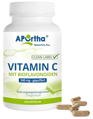APOrtha® Vitamin C - gepuffert, 120 vegane Kapseln für 4 Monate | Ideal für sensible Personen, Hochdosiertes 500 mg Vitamin C als Calciumascorbat je Tagesverzehr, vegan, glutenfrei