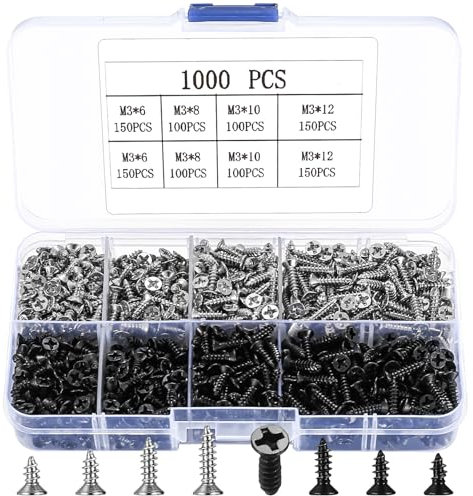Holzschrauben, 1000 Stück selbstschneidende Schrauben Set, Senkkopfschraube, Flachkopf Schrauben, kreuzschlitzschrauben selbstbohrende Schrauben Sortiment Set für Holz - M3x(6/8/10/12mm)