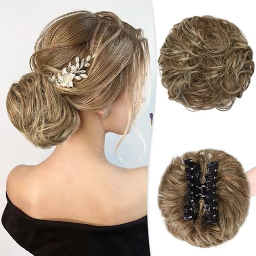 RUWISS Krallen Clip Messy Bun Haarteil Echthaar Wellig Lockig Chigno Haardutt Haarverlängerung Hochsteckfrisur Clip in Claw Pferdeschwanz Haarteile Haar Scrunchies für Damen（Braun Gemischt Hellblond）