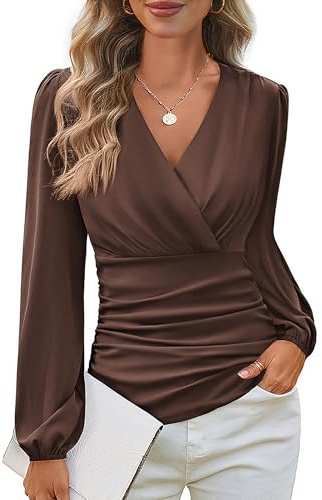 GRACE KARIN Long Sleeve Blouses for Women Dressy Casual, Wrap Tops Work Shirts, 2026 Spring Business Outfits Coffee 2XL