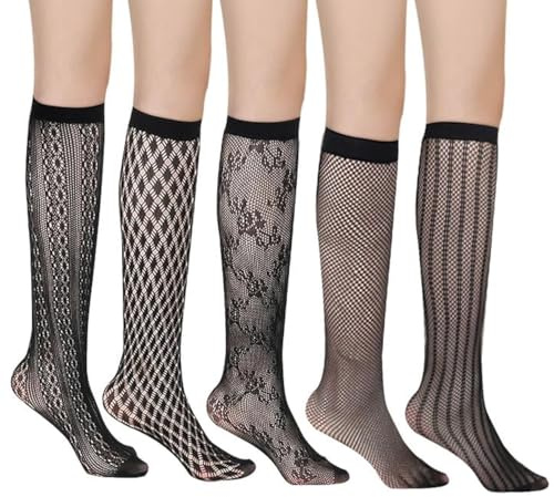 EUPSIIU 5 pares Medias Opacas de Muslo de Encaje Talla Medias de Red Calcetines Altos de Muslo de Malla Un Tamaño,Slim Shine Thigh High Ultra Shimmery Lace top Non Slip Thin Sheer (Negro)