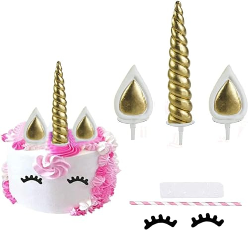 Gold Einhorn Kuchen Topper Tortendeko Geburtstag Party Dekoration | Mit Horn, Ohren und Wimpern für Kinder Kuchen und Torten