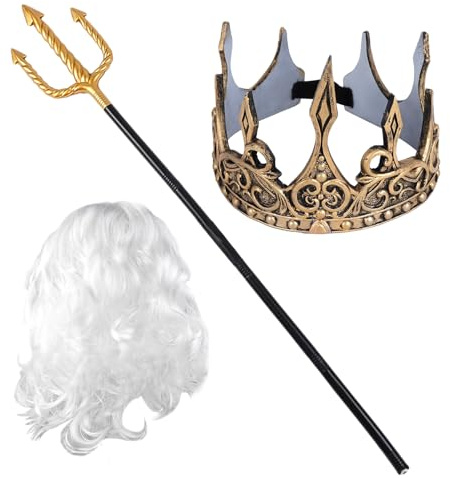 Lezevn Set di 3 accessori per costume da re Nettuno, Tridente dorato, corona da re, parrucca bianca per uomo per Halloween Dress Up