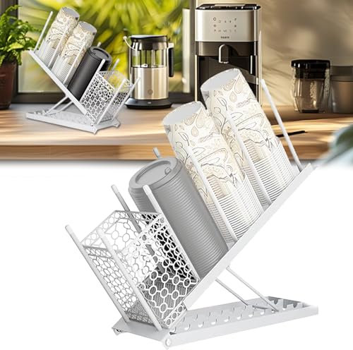 BODYGAD Portabicchieri, 39x9,7cm Portabicchieri Regolabile In Altezza Porta Coperchio Dispenser Per Bicchieri Usa E Getta A 4 Scomparti Con Capsula Caffè Cestello Porta Cannucce Per Bancone Bar