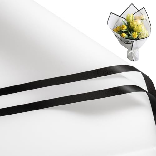 RUSPEPA 20 hojas de papel para envolver flores - Borde negro esmerilado, impermeable, para ramos de flores - Artículos de floristería para cumpleaños, bodas y manualidades - Blanco/Negro