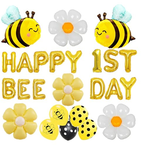 Finypa Happy 1st Bee Day Ballon, Biene-Thema, Gelbe Biene Folienballons, Gänseblümchen Mylar Folienballons, 6 Stück, Unisex, Kinder, Erster Geburtstag, Ballon, Dekorationen
