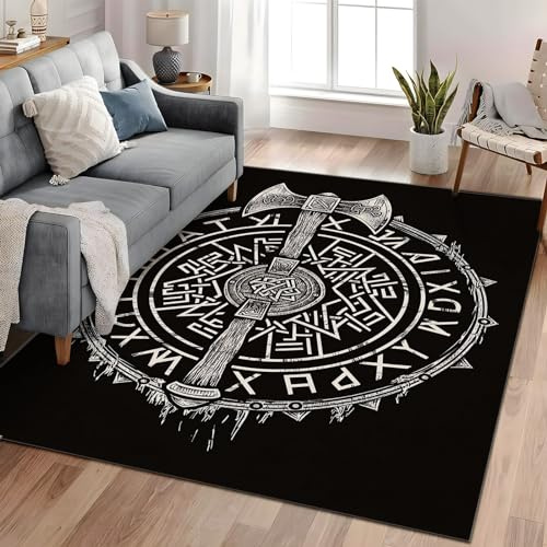 Viking Axe Rune Viking Shield Area Rug - Soft Non-Slip Carpet Floor Mat for Living Room, Office, Bedroom, Dining Room Decorative Carpets- Black, 140cm x 200cm Rugs