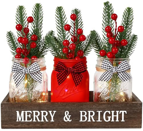 DIYDEC 3PCS Christmas Mason Jars 3*5Inch lighting Painted Xmas Tiered Tray Decorative Jars with Wood Tray &Artificial Flowers Wishing Bottles for Winter Holiday Home Table Centerpiece Decor Gift (Red)