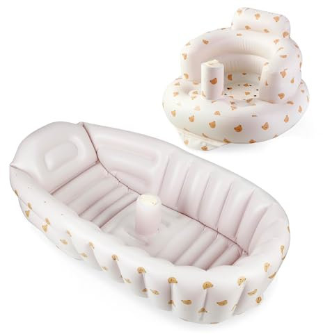 PandaEar Paquete de 2 bañeras inflables para bebé y asiento de bebé a partir de 3 meses, bañera portátil de viaje para bebé y silla infantil, asientos de piso para niños pequeños con bomba de aire