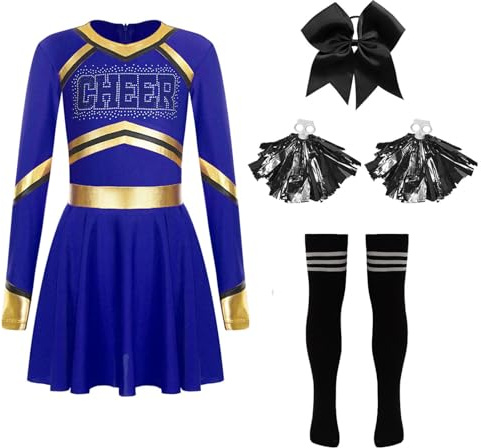 Alvivi Costume da Cheer leader per Ragazze Abito Manica Lunga Uniforme da Cheerleading Zombie Cheerleading Outfit con Pompon e Calzini Festa Cosplay Halloween