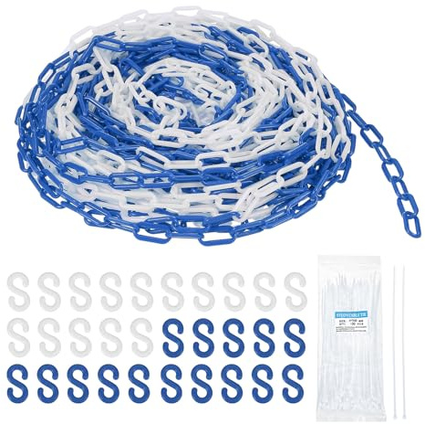sourcing map Kunststoffkette, 46 m, Sicherheitskette, Blau-Weiß, Kunststoff-Kettenglied-Barriere mit Kabelbindern und S-Haken für Menschenmengenkontrolle, Warteschlangenschnur, Zaundekoration
