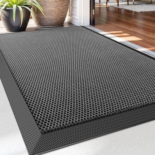 DEXI Zerbino Ingresso Esterno 60 x 90 cm, Zerbini Antiscivolo, Assorbente Di Sporco e Lavabile, Impermeabile Tappeto per Porte Anteriori e Posteriori, Grigio scuro