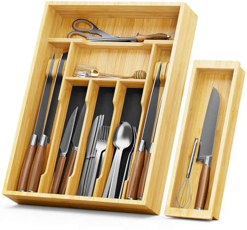 NiHome All-Bamboo Build Double-Decker Flatware Organizer for Kitchen Utensils, Silverware, Makeup, Office Supplies, with Large Lower Tray, Sliding Upper Tray, Cutlery Rack and Detachable Tool Rest
