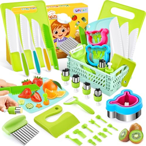 UPDOKIT Kindermesser 26-teiliges, Kinder Küchenmesser für Echtes Kochen mit Faltbarer Aufbewahrungsbox, Schneidebrett, Upgrade Fruchtstäbchen, Sparschäler, Kindermesser ab 3 Jahre, Kinderküche Zubehör