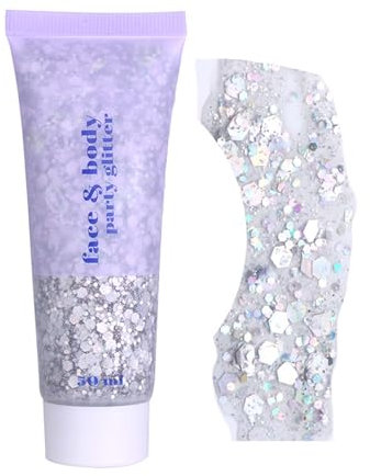 Glitzer Gesicht Gel 50ml, Silber Chunky Mermaid Sequins Glitter Body Gel, Wasserfest & Langlebig Lidschatten Face Glitter Schminke für Festival Party Masquerade, Silver Make Up für Haare/Körper/Nagel