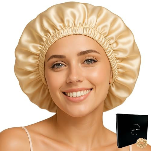 Flortree Seidenhaube zum Schlafen mit Clip & Gummiband | Für alle Haartypen & Kopfgrößen | Schützt vor Haarbruch, Spliss & Frizz | Locken bleiben definiert (Champagner)