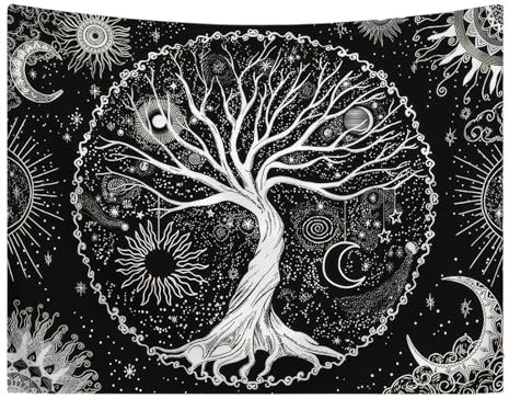 DecorDwell Baum des Lebens Wandteppich, 150x130cm Sonne Mond Tapisserie, Wandbehang Schwarz, Tapisserie Wandbehang, für Schlafzimmer Ästhetik Zuhause Wohnzimmer Wohnheim Dekor (Schwarz Weiß)