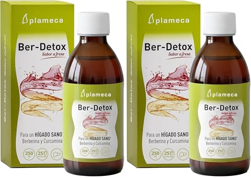 PLAMECA - Ber-Detox, Función Normal del Hígado, Detox Hígado, con Colina, Alcachofera, Cardo Mariano, L- Metionina, Inositol, Curcumina y Berberina, Detox Jarabe, Detox Bebida, Sabor a Fresa - 250 ml