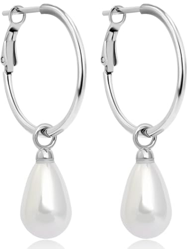 NOBEL Perlenohrringe Silber 925 1.5 * 20MM Creolen hängende Ohrringe mit 13 mm weiße Perle Ohrringe für Frauen