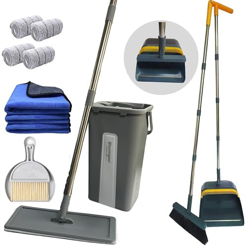 FLOORINGTON Flat Mop and Bucket Set Includes 4 Washable Microfiber Pads 3 Cleaning Cloth, Mini Dustpan Brush Set + Long Handled Dustpan & Brush Set Complete Home Cleaning COMBO SM11+GR88 (GREY COMBO)