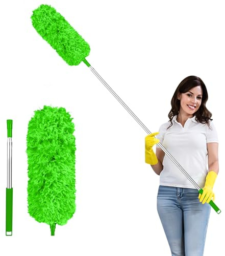 Fogray 2025 Upgraded Extendable Feather Duster with Soft Silicone Cap, Telescopic Long Handled Microfiber Dusters for Cleaning, Cobweb High Ceiling Fan Roof Blinds, Washable & Bendable(Green)
