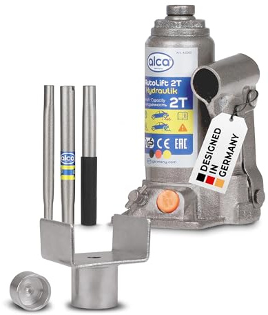 alca® Wagenheber Set hydraulisch 2 t, inkl. U-Adapter, 158-308 mm Hubhöhe | kompakter Stempelheber aus Stahl, Unterstellheber im Bundle mit U-Adapter, TÜV-Zertifiziert, für Caravan, Anhänger, Auto, SUV