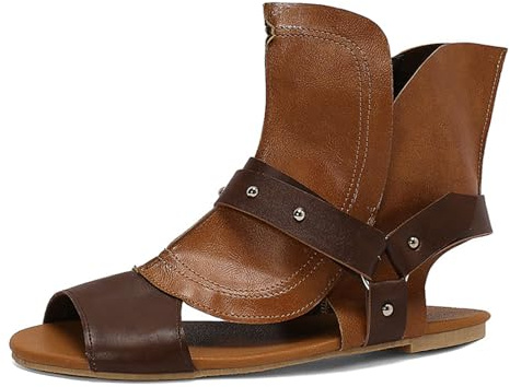 Eestfy Stivali Sandali Gladiatori Donna Flat Punta Peep Toe Pelle Due Toni Stivaletti alla Caviglia Sandali Vintage Flat Estivi con Cerniera Laterale per Pendolarismo Urbano,Marrone,43 EU