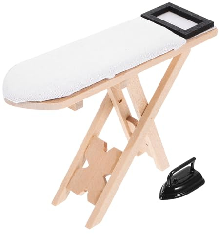 Hohopeti Mini Mesa de Hierro en Miniatura para Casa de Muñecas, Kit de 2 Piezas Plancha y Tabla de Planchar Negra, Decoración Creativa de Muebles de Madera, Juguete Simulación