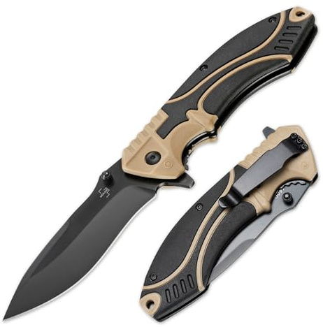 BÖKER PLUS® Advance Desert Pro - taktisches Einhandmesser mit Flipper & Daumenpin - Einsatz Taschenmesser mit Nylon Griff schwarz-braun - Profi Klappmesser mit schwarzer 9,5 cm Dropppoint D2 Klinge