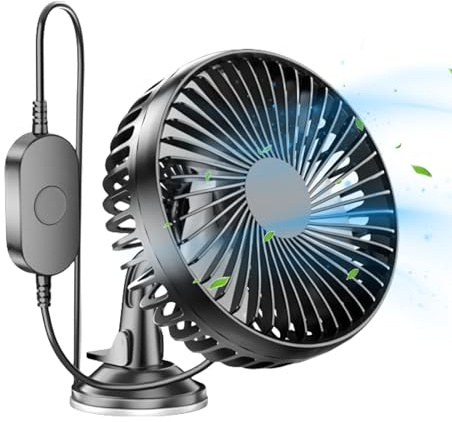 SUNOYA Bilfläkt med 12 V USB, 360° roterbar, justerbara hastigheter för skåpbil, husbil, båt – bärbar minifläkt