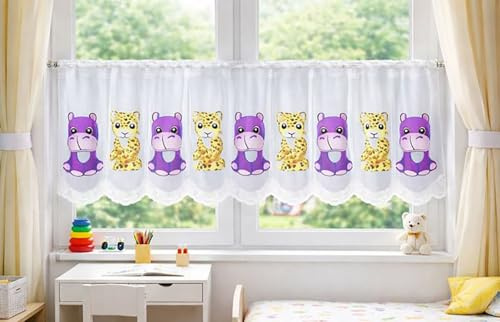 KAMACA Kinder Bistrogardine Kürzbare Scheibengardine Kindergardine für Jungen & Mädchen Kurzstore Lichtdurchlässiger Sichtschutz Individuell anpassbar (HxB 45x145 cm Baby Nilpferd und Leopard)