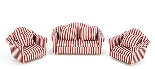 Doll House Furniture, 1:12 Mini Doll House Decoration Orange Red Gold Striped 3-Piece Sofa Set with 4 Pillows